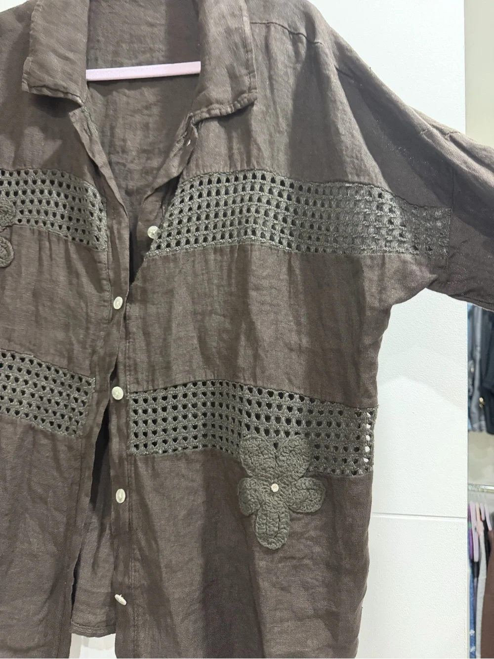 Crochet Panel Button-Front Linen Shirt Jacket - Brown one size fits all